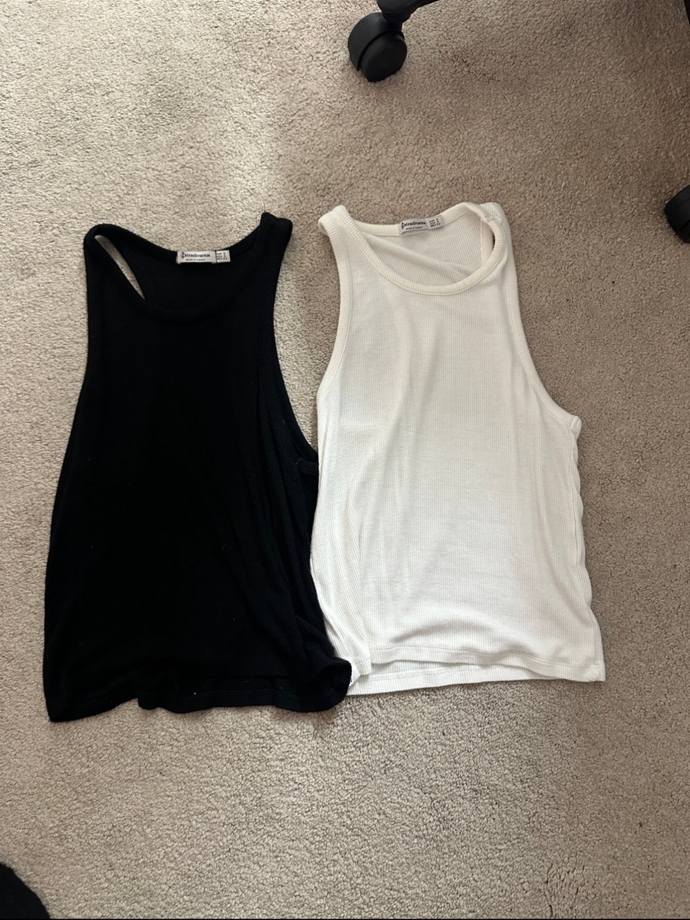 stradivarius Black & White Ribbed Tank Tops